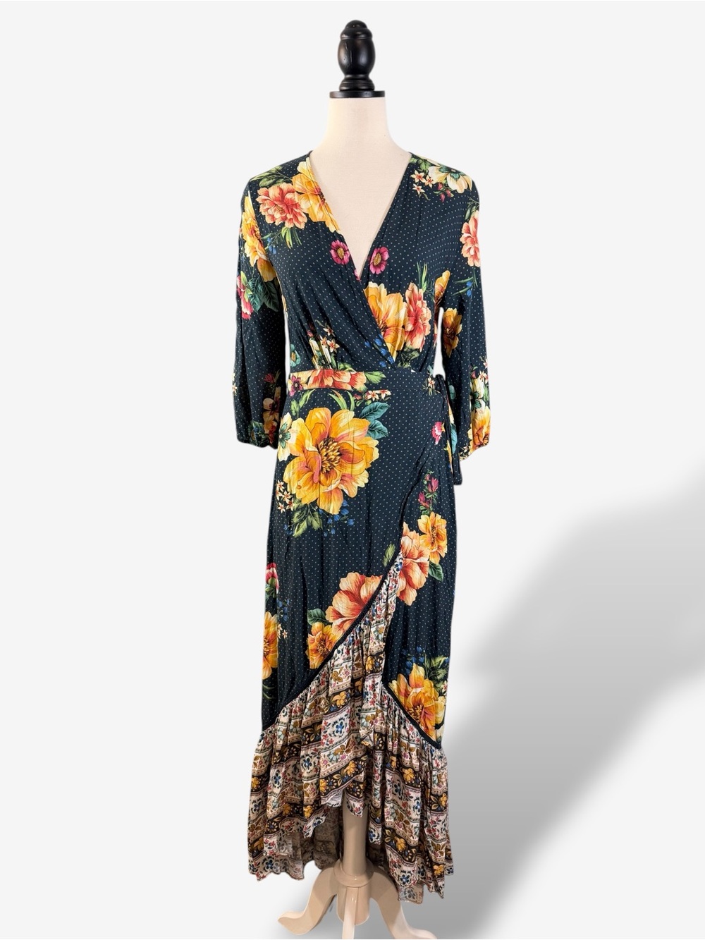 Anthropologie Farm Rio Majorca Wrap Dress Size S Blue Floral Polka Dot Hi Low - Picture 3 of 15